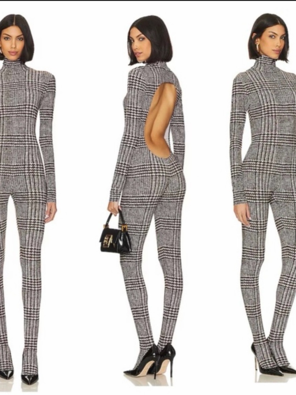 Norma Kamali Chocolate and White Plaid Turtleneck Jumpsuit